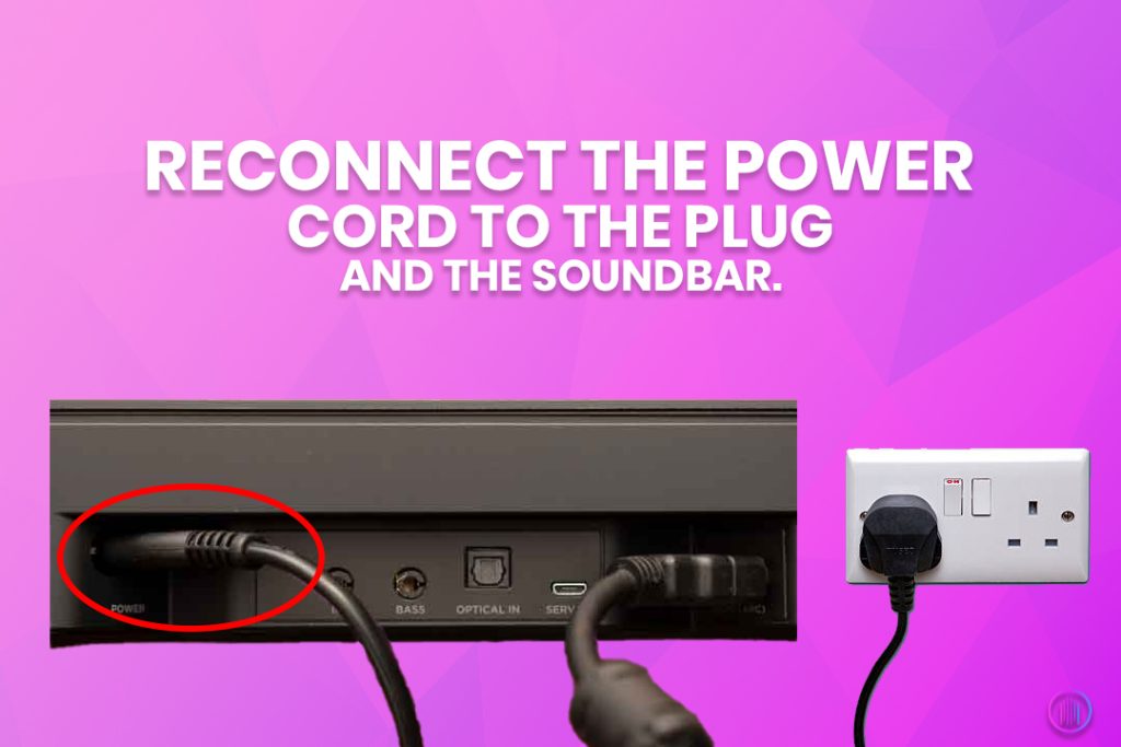 Reconnect the power cord to the plug and the soundbar